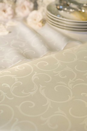 Ashford Fine cotton scrolling damask tablecloths napkins hemstitched borders | Gracious Style
