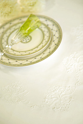 Avonlea Hand Embroidered White Linen Table Linens | Gracious Style