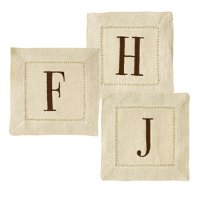 Block monogram embroidered ivory brown chocolate linen cocktail napkins | Gracious Style