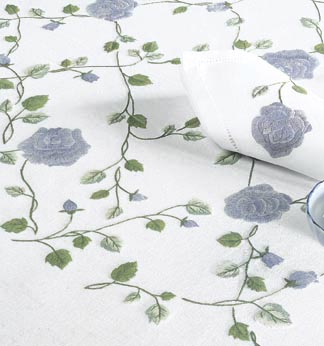 Blue Rose Hand Embroidered Table Linen - Tablecloth Napkin Placemat