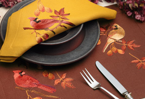Cardinal Holiday Embroidered Linens Napkins Placemats Brown Gold | Gracious Style