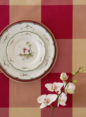Taffeta table linens plaid blocks red ivory | Gracious Style