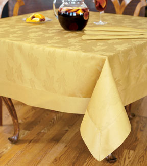 Classic leaves cotton damask table linens in wine, paprika, burgundy, cinnamon, topaz, gold, ivory, latte, chocolate, black, juniper, white, grass, indigo blue | Gracious Style