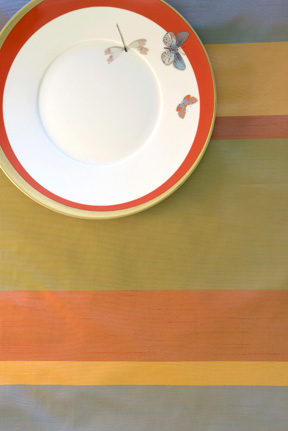 Taffeta table linens stripes blue red green copper | Gracious Style