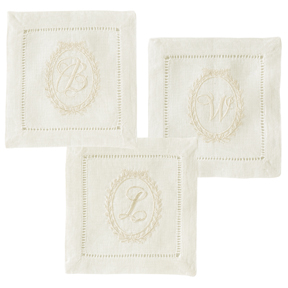 Oval monogram embroidered cream linen cocktail napkins | Gracious Style