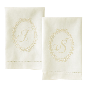 Oval monogram embroidered cream linen hand towels | Gracious Style