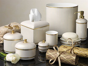 Anali Pinafore Striped Bone China Bath Accessories Jar Soap Dish Tumbler Waste Basket | Gracious Style