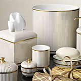 Anali Pinafore Striped Bone China Bath Accessories Jar Soap Dish Tumbler Waste Basket | Gracious Style