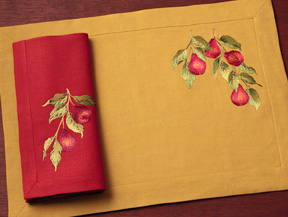Red Pear Holiday Embroidered Linens Napkins Placemats Red Gold | Gracious Style