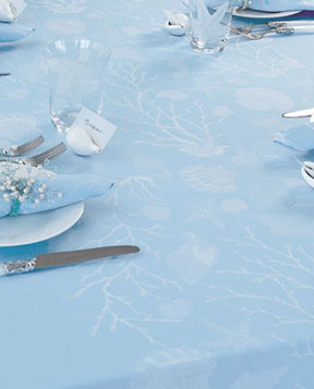 Bodrum Sorrento Organic Cotton Table Linens in Light Blue and Coral | Gracious Style